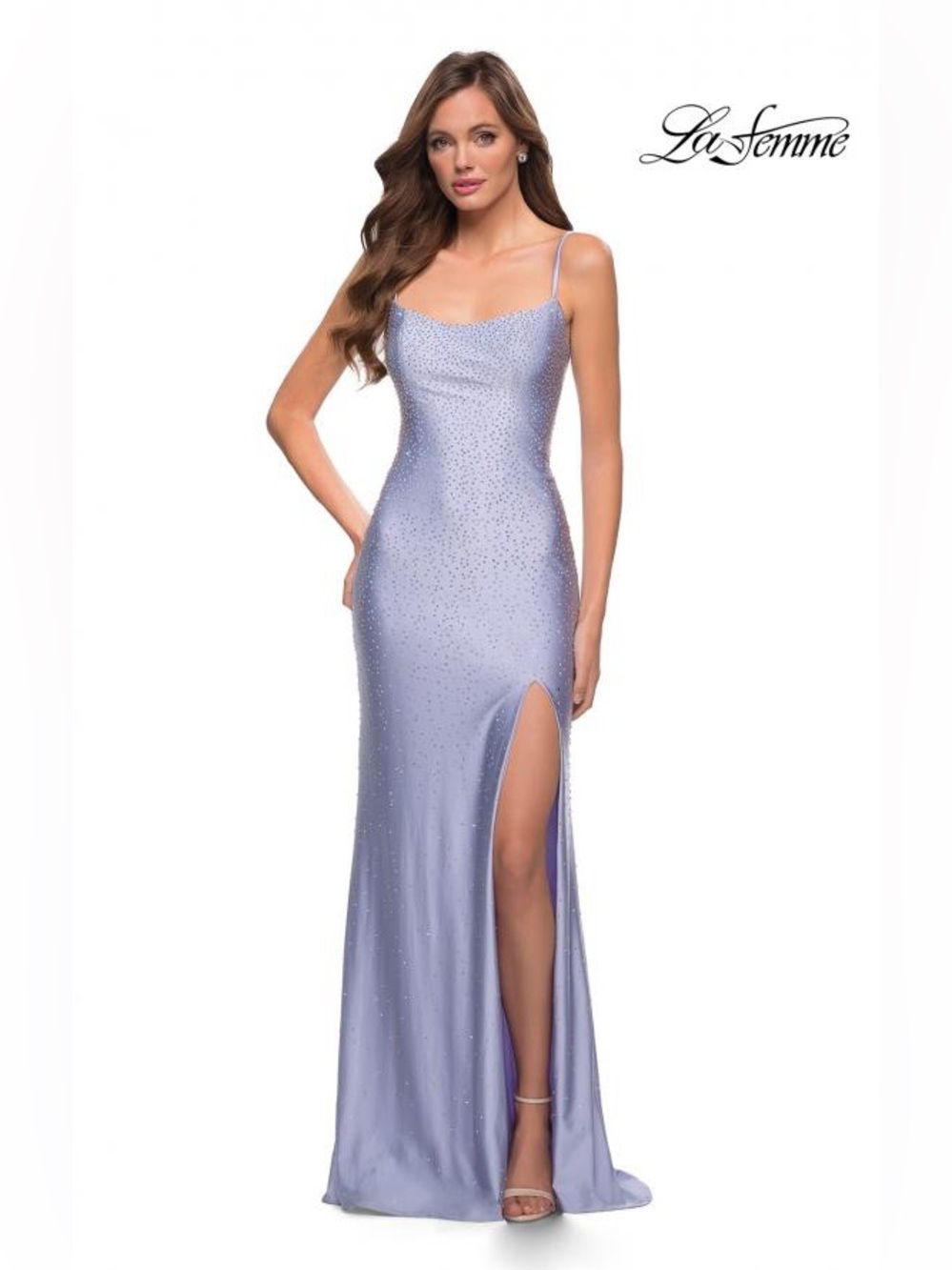 La Femme Light Periwinkle Rhinestone Beaded Maxi Gown Thigh Slit 🪩 Size 0 NWT!